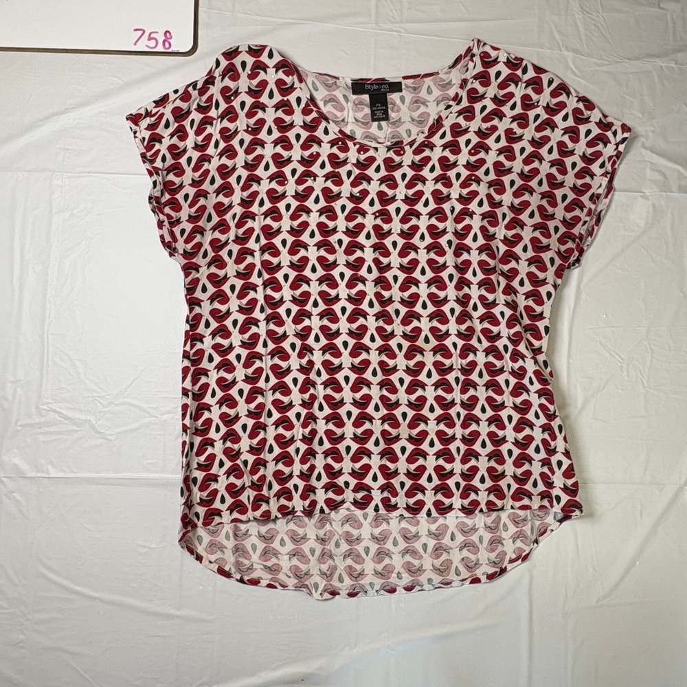 Style & Co Petite Small Red Black Geometric Rayon High Low Scoop Neck Blouse‎ PS